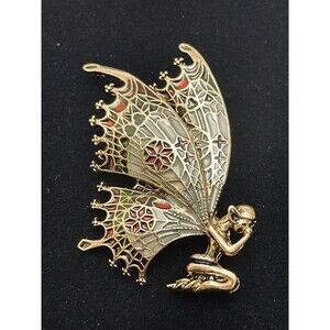 Elf Pixie Fairy Brooch Butterfly Style Cloisonné Look Enamel Gold Tone